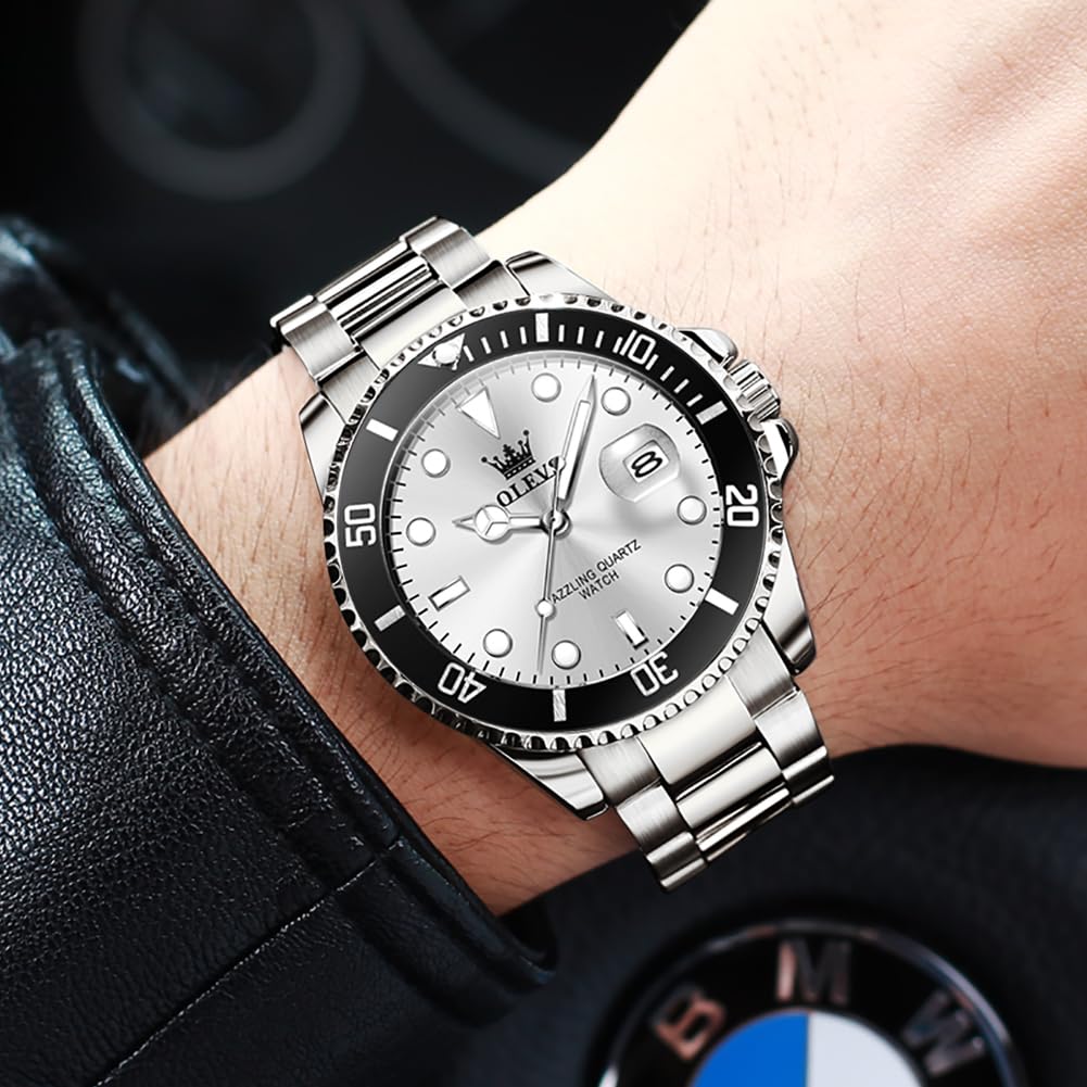 OLEVS Luxury Watches for Men Big Face Stainless Steel Business Dress Analog Quartz Watch with Day Waterproof Luminous Mens Wrist Watch