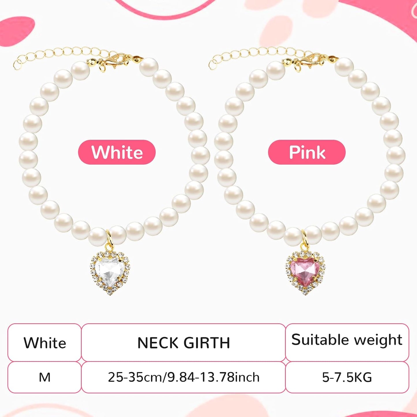 Tyqour 2pcs Cute Girl Cat Collar, Pearl Cat Dog Collar with Small Heart Shape Rhinestone for Small Dogs and Cats Adjustable Fancy Dog Pearl Necklace Collars, Pink Heart + White Heart