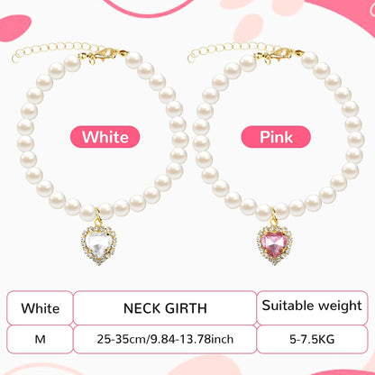 Tyqour 2pcs Cute Girl Cat Collar, Pearl Cat Dog Collar with Small Heart Shape Rhinestone for Small Dogs and Cats Adjustable Fancy Dog Pearl Necklace Collars, Pink Heart + White Heart