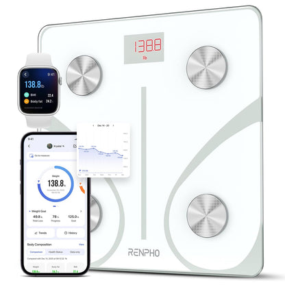RENPHO Smart Scale for Body Weight, Tempered Glass Bathroom Digital Scale with BMI, Body Fat, Bluetooth Fitness Equipment Sync with Apps Accurate for Weight Loss, Home Use, 400 lbs – Elis 1