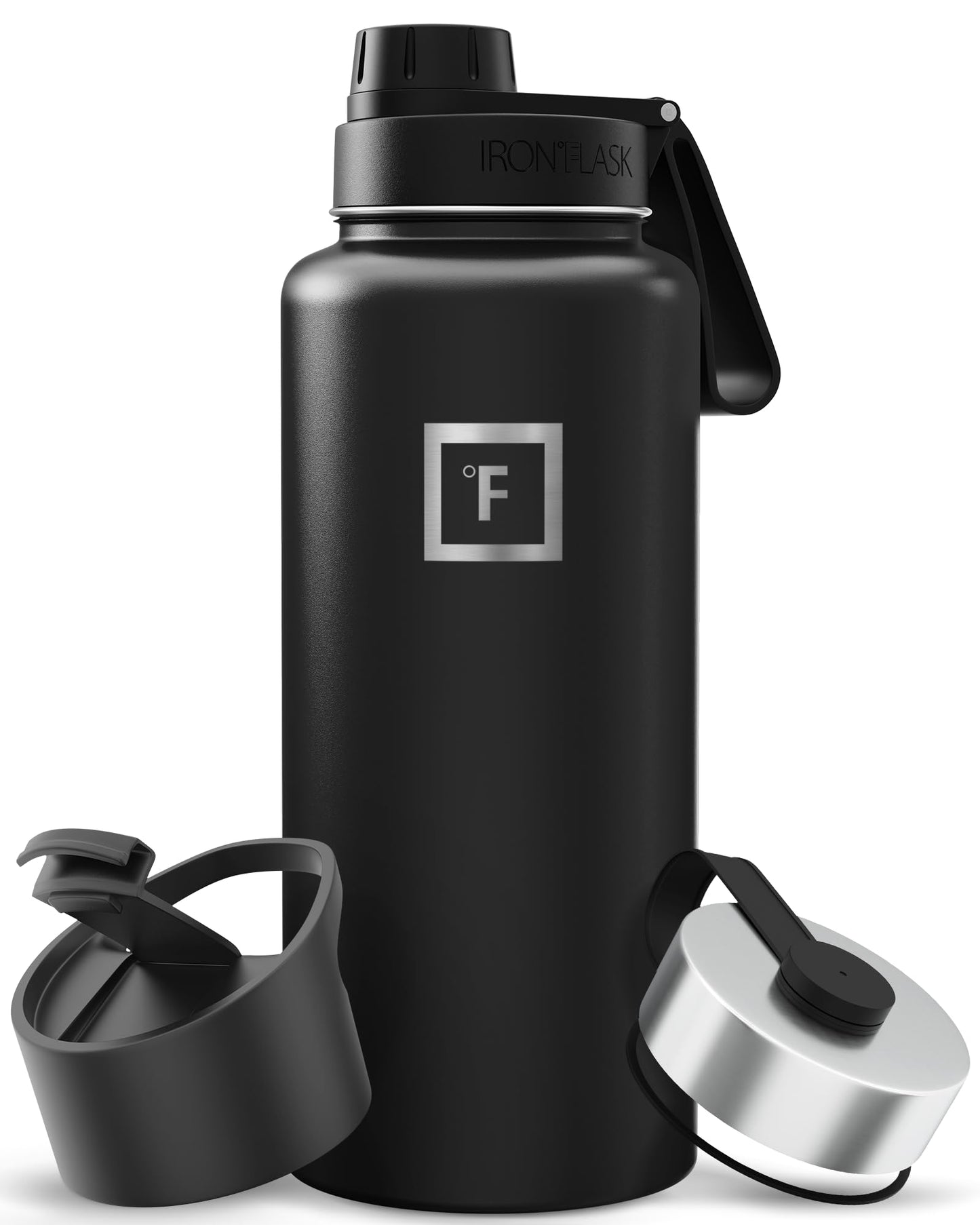IRON °FLASK Camping & Hiking Hydration Flask with Straw, Wide Mouth Insulated Stainless Steel Sports Water Bottle - Midnight Black 24 oz - Straw (1 Lid)