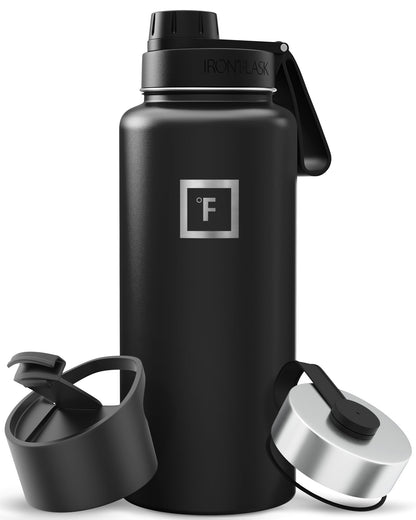 IRON °FLASK Camping & Hiking Hydration Flask with Straw, Wide Mouth Insulated Stainless Steel Sports Water Bottle - Midnight Black 24 oz - Straw (1 Lid)