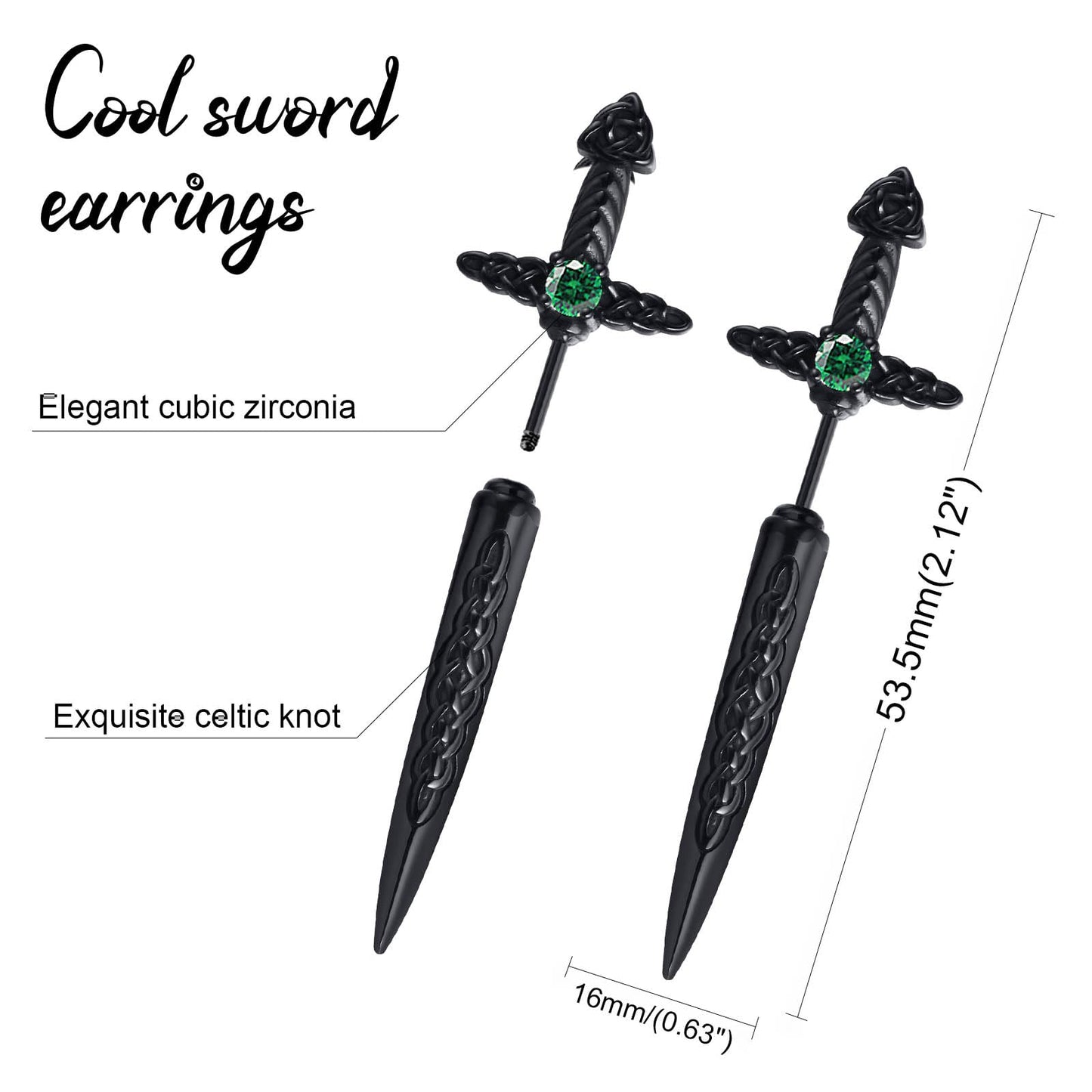 Hisatan Sword Earrings for Men Women, Stainless Steel Gothic Dagger Celtic Knot Irish Studs Earrings, Cool Punk Hip Pop Cubic Zirconia Dangle Goth Screw Spike Earring Jewelry
