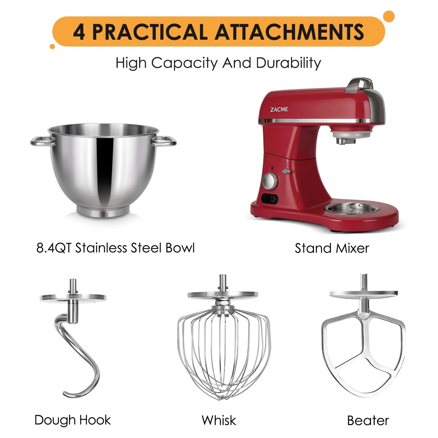 8.4QT Commercial Stand Mixer 800W with Aluminum Die Casting Meets the Standard of NSF/ANSI 8-2023, Mixers Kitchen Electric Stand Mixer with Stainless Steel 8L Bowl, Dough Hook, Whisk and Beater