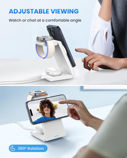 JoyGeek 3 in 1 Charging Station for Apple Devices, Wireless Charger Stand for iPhone 17/16/15/14/13/12/11/SE/X Pro Max Plus - Apple Watch 11/10/9/Ultra 2/8/SE/7/6/5 - AirPods Pro 2/3/2