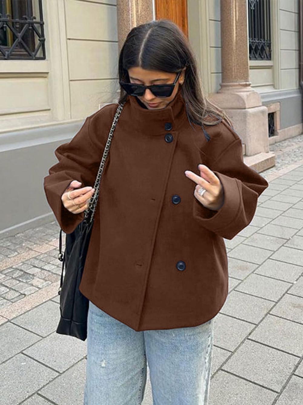 CHARTOU Women Crop Pea Coat Wool Blend Winter Loose Casual Short Jacket Outwear