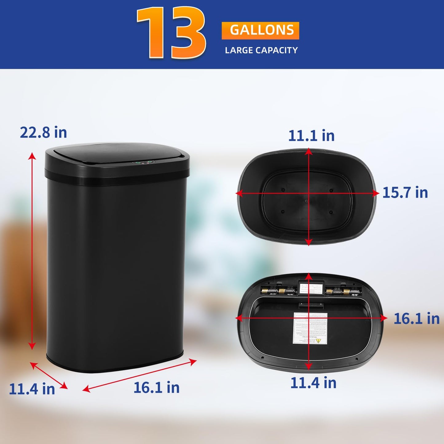 BestOffice | 13 Gallon Trash Can with Lid | Automatic Touchless Garbage Can | Odor Control | Modern Oval Design | Easy to Clean | Stainless Steel | Fits Any Kitchen, Bathroom, Office or Home