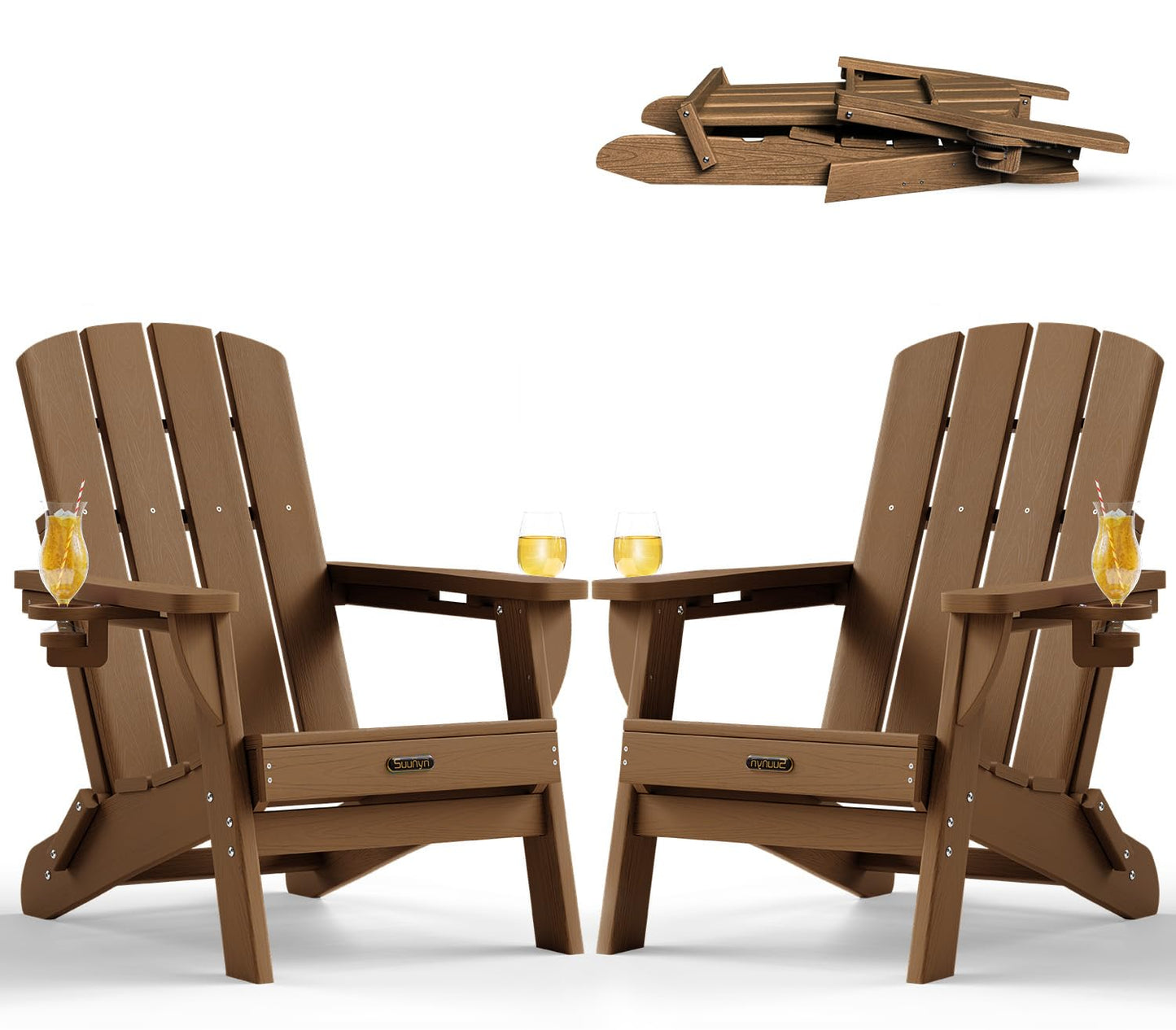 Folding Adirondack Chair, HDPE Adirondack Chairs with 2 Cup Holder, Plastic All-Weather Fire Pit Chairs, Outdoor Lawn Chair for Patio Garden (Grey)