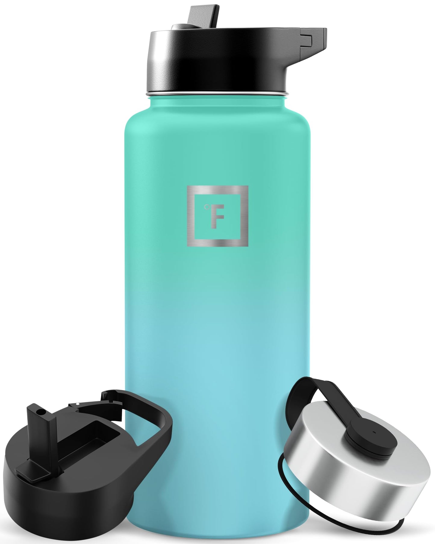 IRON °FLASK Camping & Hiking Hydration Flask with Straw, Wide Mouth Insulated Stainless Steel Sports Water Bottle - Midnight Black 24 oz - Straw (1 Lid)
