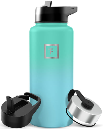 IRON °FLASK Camping & Hiking Hydration Flask with Straw, Wide Mouth Insulated Stainless Steel Sports Water Bottle - Midnight Black 24 oz - Straw (1 Lid)