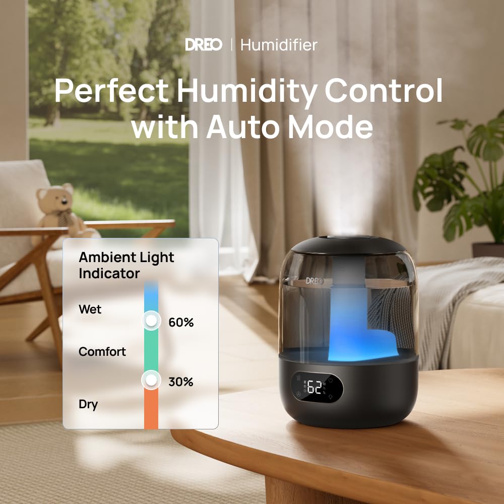 DREO Humidifiers for Bedroom, 3L Top Fill 30H & 26dB Quiet Runtime for Large Room, Cool Mist Ultrasonic Humidifier with Humidity Sensor, Night Light for Home, Baby, Nursery, Plants, 360° Nozzle, Black