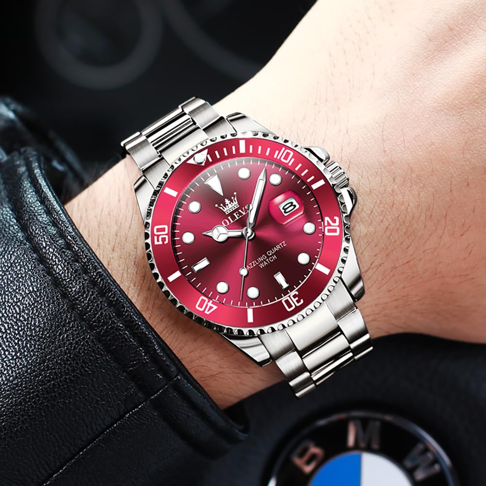 OLEVS Luxury Watches for Men Big Face Stainless Steel Business Dress Analog Quartz Watch with Day Waterproof Luminous Mens Wrist Watch
