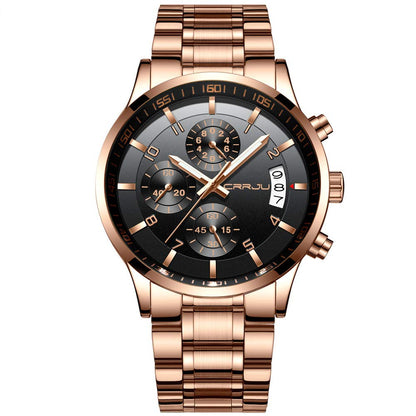 CRRJU Men's Fashion Stainless Steel Watches Date Waterproof Chronograph Wristwatches,Black Steel Band Waterproof Quartz Watch for Men