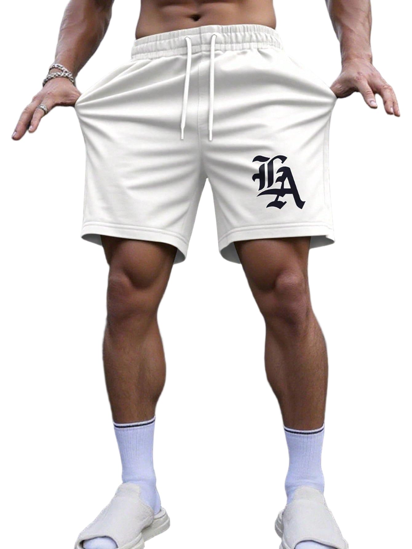 QJQ Men's Letter Graphic Drawstring Waist Shorts Summer Casual Workout Athletic Gym Track Shorts Streetwear