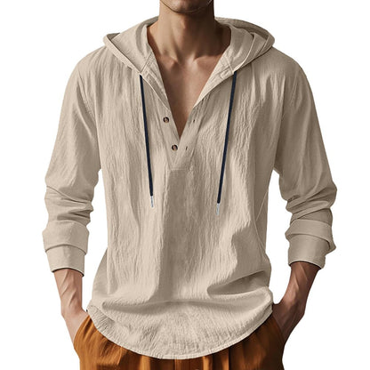 Mens Cotton Linen Hoodies Long Sleeve Button Down Shirts Casual Hawaiian Beach Yoga Sweatshirts