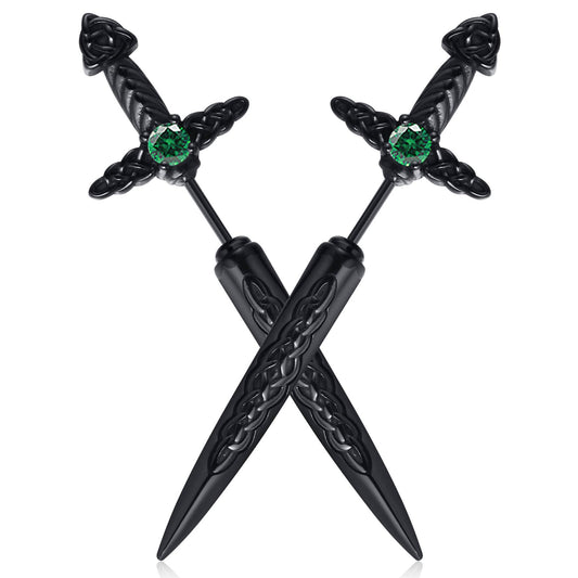 Hisatan Sword Earrings for Men Women, Stainless Steel Gothic Dagger Celtic Knot Irish Studs Earrings, Cool Punk Hip Pop Cubic Zirconia Dangle Goth Screw Spike Earring Jewelry