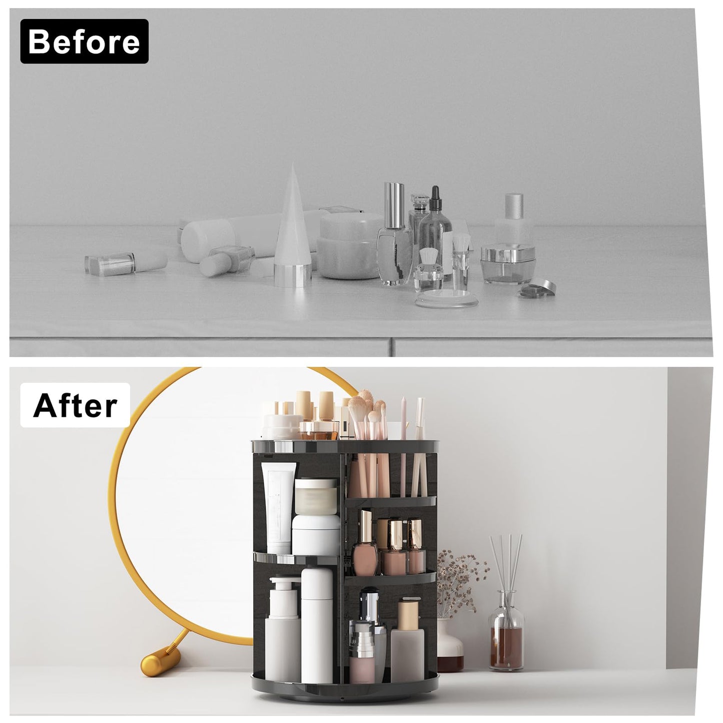 Rotating Makeup Organizer, DIY 8 Adjustable Layers Spinning Skincare Storage, Cosmetic Display Case with Brush Holder and Perfume Tray, Multi-Function Vanity Bathroom Countertop Organizer Black