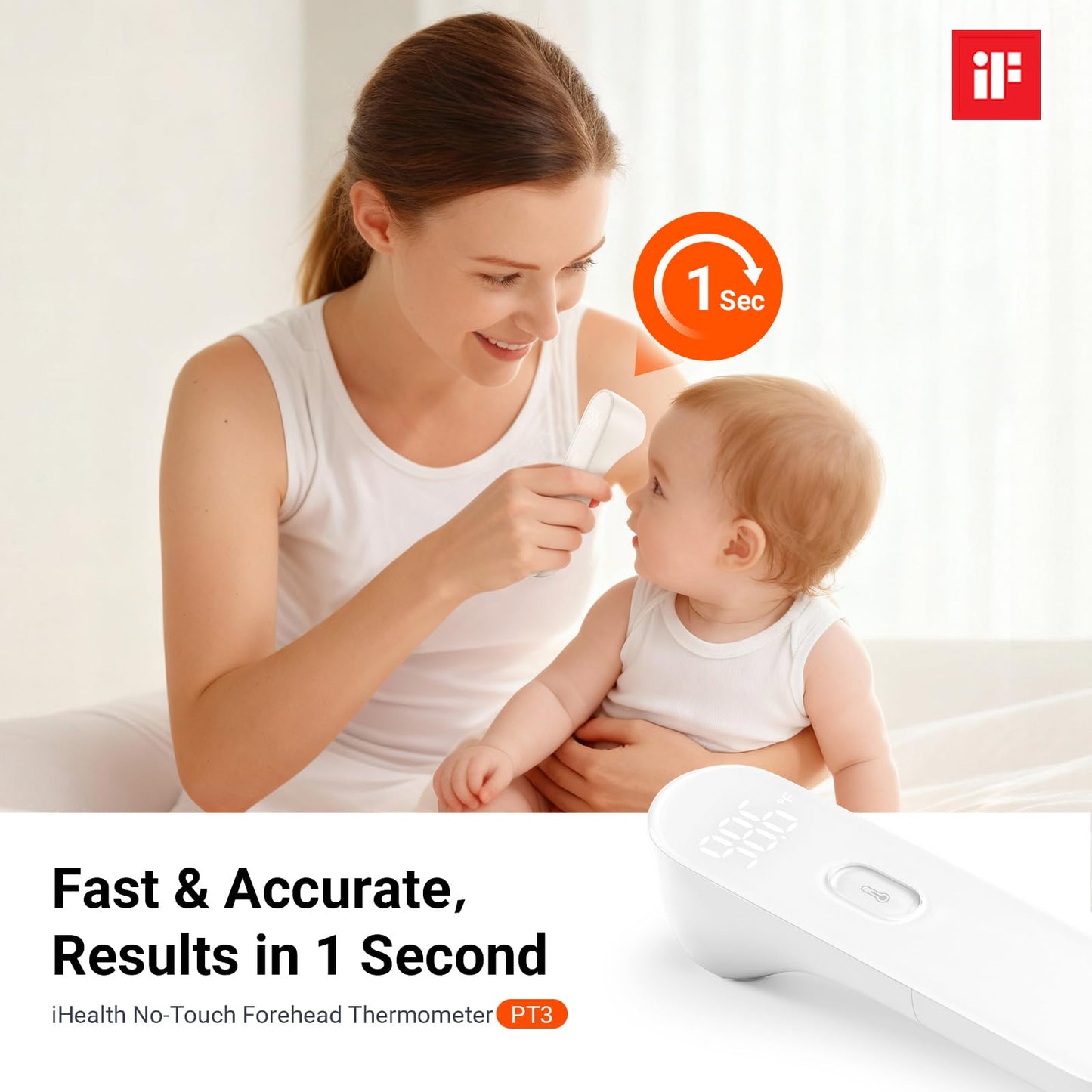 iHealth No-Touch Digital Forehead Thermometer for Adults, Babies, Kids, 3 Ultra-Sensitive Sensors, Quiet Vibration Feedback, Large LED Digits, Easy to Use for Home, PT3 Black