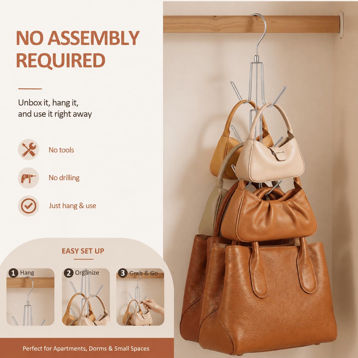 ZEDODIER 2 Pack Purse Organizer for Closet, Heavy-Duty Hanging Purse Hanger Closet Holds Up to 12 Purses, Metal Rotating Space Saving Bag Holder Handbag Storage Hook Backpack Rack, Silver