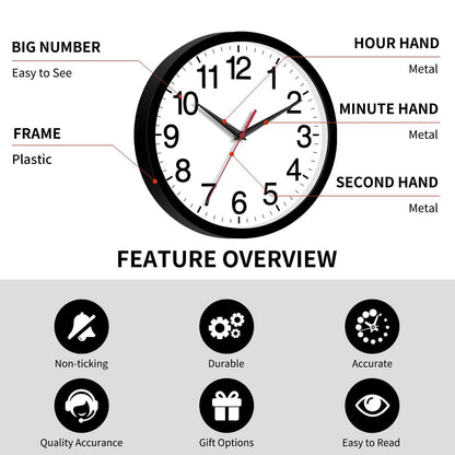 Rohioue Wall Clock Modern 8 Inch Battery Operated Silent Non Ticking Small Analog Clock for Living Room Office Home Bedroom Kitchen Bathroom(Black)