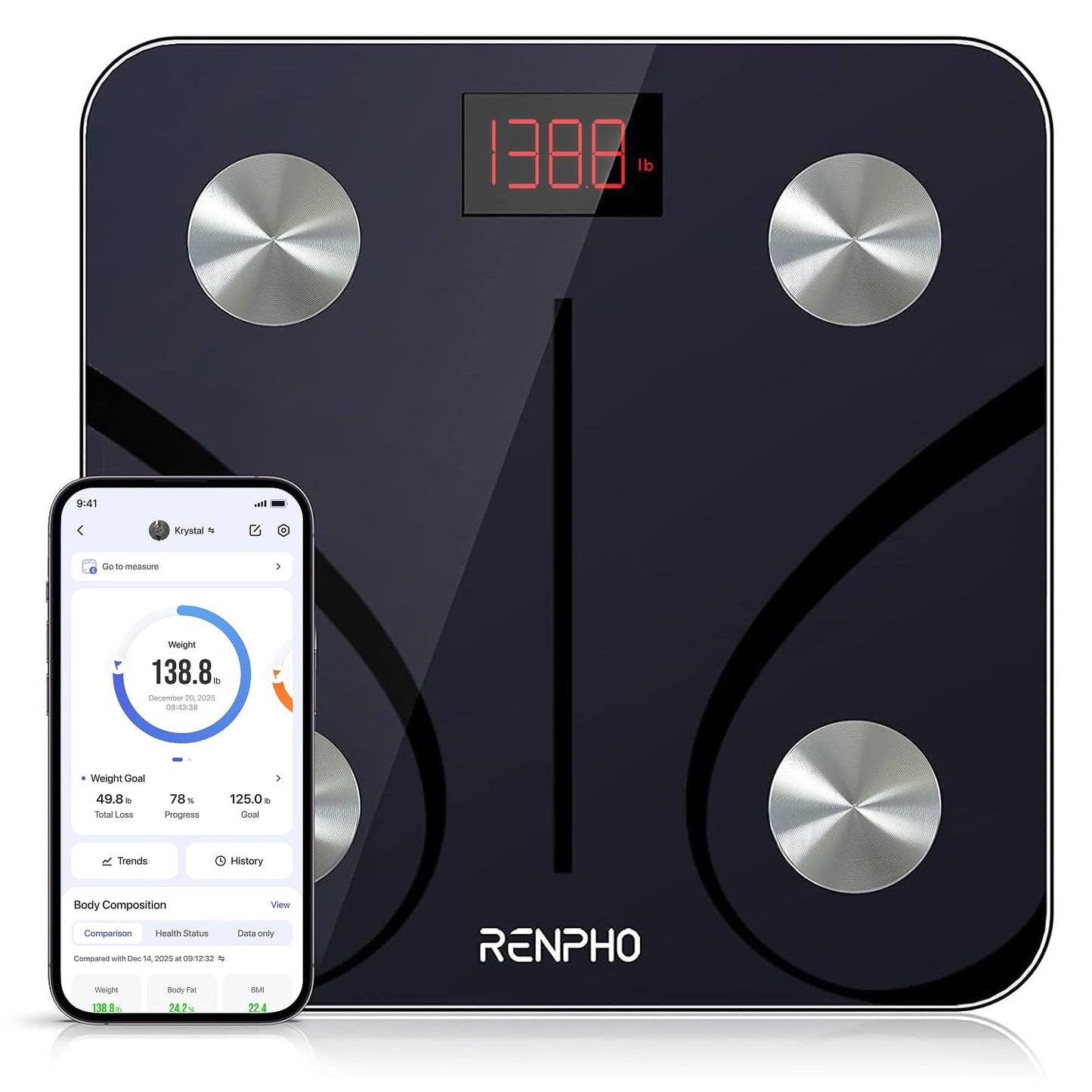 RENPHO Smart Scale for Body Weight, Tempered Glass Bathroom Digital Scale with BMI, Body Fat, Bluetooth Fitness Equipment Sync with Apps Accurate for Weight Loss, Home Use, 400 lbs – Elis 1