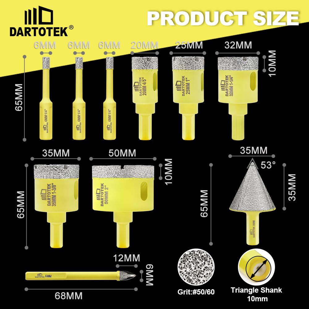 Diamond Core Drill Bits Set for Tile, DARTOTEK 10PCS Porcelain Hole Saw Kit with Aluminum Case, (6/6/8/20/35/50/65mm+2" Chamfer bit +SDS Adapter, Dry/Wet Drilling for Ceramic, Granite & Marble