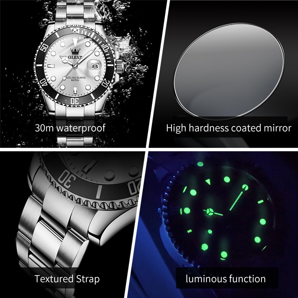 OLEVS Luxury Watches for Men Big Face Stainless Steel Business Dress Analog Quartz Watch with Day Waterproof Luminous Mens Wrist Watch