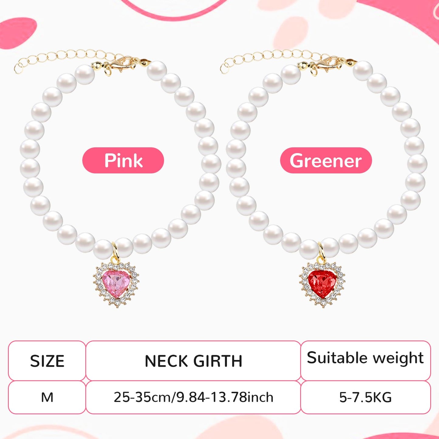 Tyqour 2pcs Cute Girl Cat Collar, Pearl Cat Dog Collar with Small Heart Shape Rhinestone for Small Dogs and Cats Adjustable Fancy Dog Pearl Necklace Collars, Pink Heart + White Heart