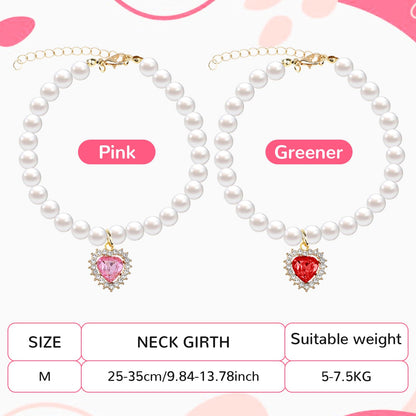 Tyqour 2pcs Cute Girl Cat Collar, Pearl Cat Dog Collar with Small Heart Shape Rhinestone for Small Dogs and Cats Adjustable Fancy Dog Pearl Necklace Collars, Pink Heart + White Heart