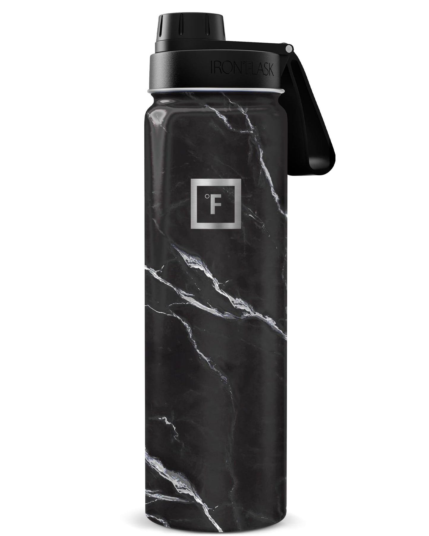IRON °FLASK Camping & Hiking Hydration Flask with Straw, Wide Mouth Insulated Stainless Steel Sports Water Bottle - Midnight Black 24 oz - Straw (1 Lid)