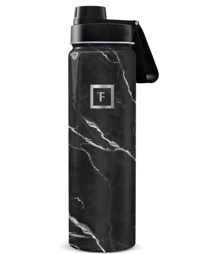 IRON °FLASK Camping & Hiking Hydration Flask with Straw, Wide Mouth Insulated Stainless Steel Sports Water Bottle - Midnight Black 24 oz - Straw (1 Lid)