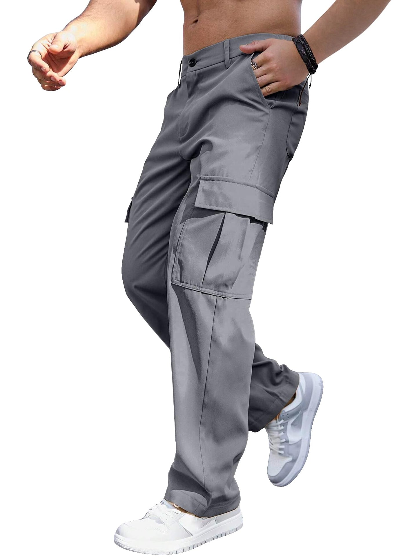 Comdecevis Mens Casual Cargo Pants Baggy Straight Leg Sweatpants with Large Flap Pockets Hiking Sports Trousers