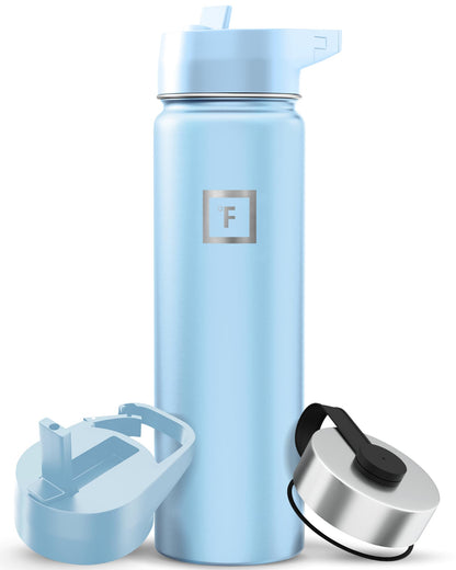 IRON °FLASK Camping & Hiking Hydration Flask with Straw, Wide Mouth Insulated Stainless Steel Sports Water Bottle - Midnight Black 24 oz - Straw (1 Lid)