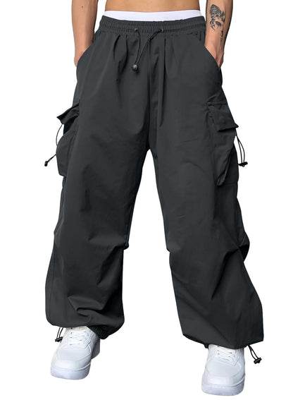 JMIERR Mens Loose Fit Drawstring Y2K Baggy Parachute Cargo Pants | Harem Joggers, Utility Flap, Deep Side Pockets, Elastic Waistband, Adjustable Hem, Streetwear, Casual Wear, Outdoor Hiking