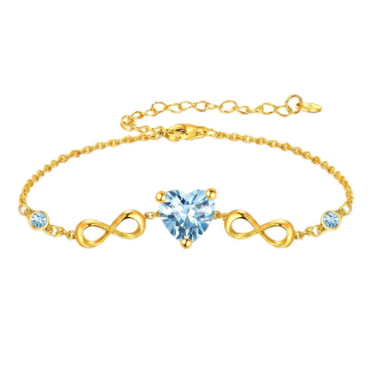 14K Gold Infinity Birthstone Bracelets for Women, Infinity Love Heart Birthstone Link Bracelets for Women, 14K Gold Plated Jewelry Birthday Gifts for Wife Girlfriend Mom, 7+2 Inch