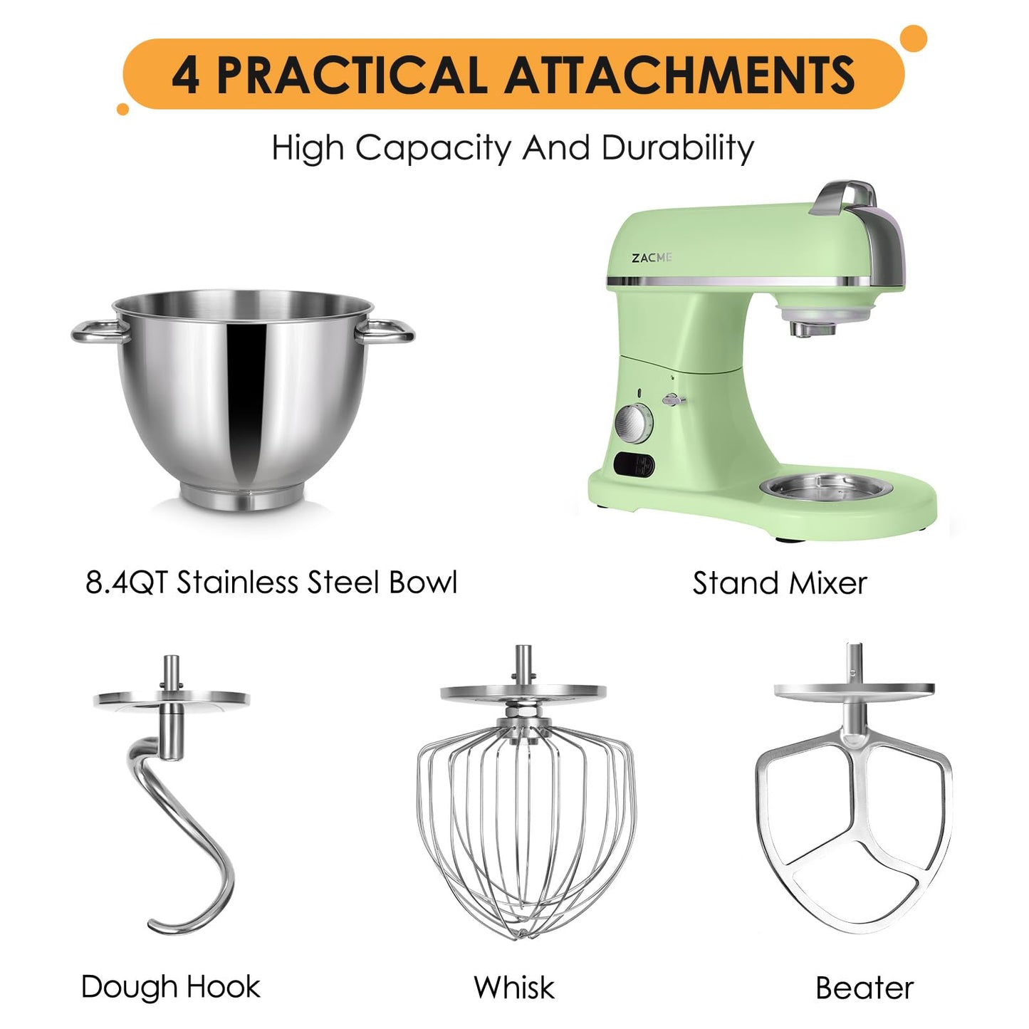 8.4QT Commercial Stand Mixer 800W with Aluminum Die Casting Meets the Standard of NSF/ANSI 8-2023, Mixers Kitchen Electric Stand Mixer with Stainless Steel 8L Bowl, Dough Hook, Whisk and Beater