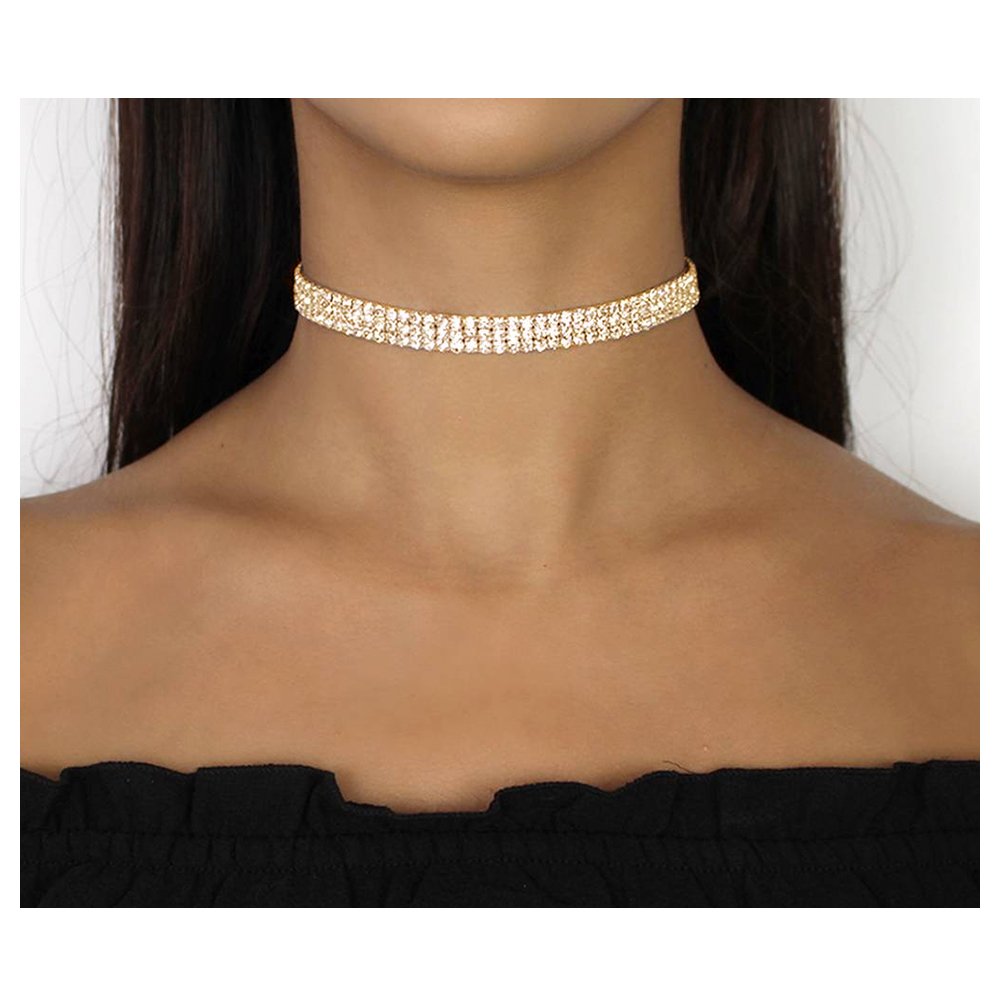 Zealmer 3 Row Rhinestone Choker Necklace for Women 18K Gold Plated