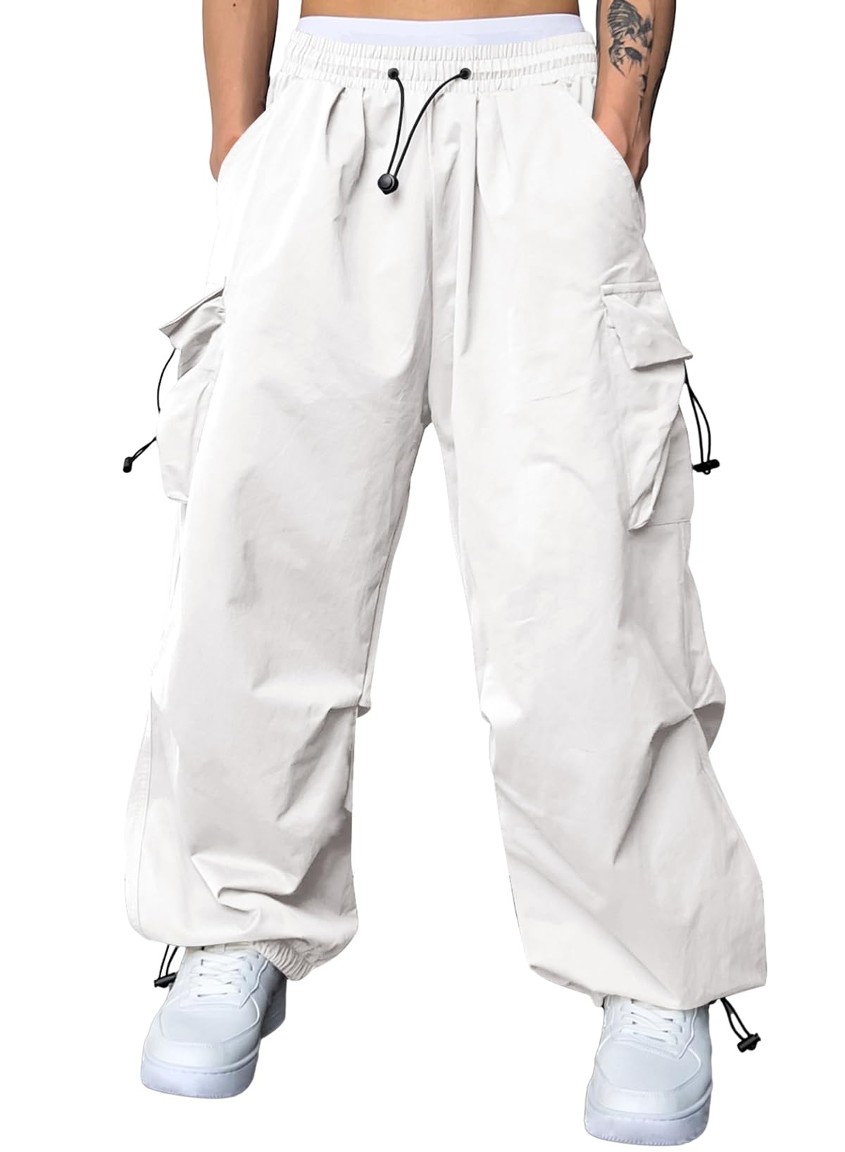 JMIERR Mens Loose Fit Drawstring Y2K Baggy Parachute Cargo Pants | Harem Joggers, Utility Flap, Deep Side Pockets, Elastic Waistband, Adjustable Hem, Streetwear, Casual Wear, Outdoor Hiking