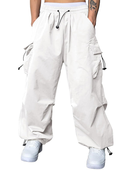 JMIERR Mens Loose Fit Drawstring Y2K Baggy Parachute Cargo Pants | Harem Joggers, Utility Flap, Deep Side Pockets, Elastic Waistband, Adjustable Hem, Streetwear, Casual Wear, Outdoor Hiking