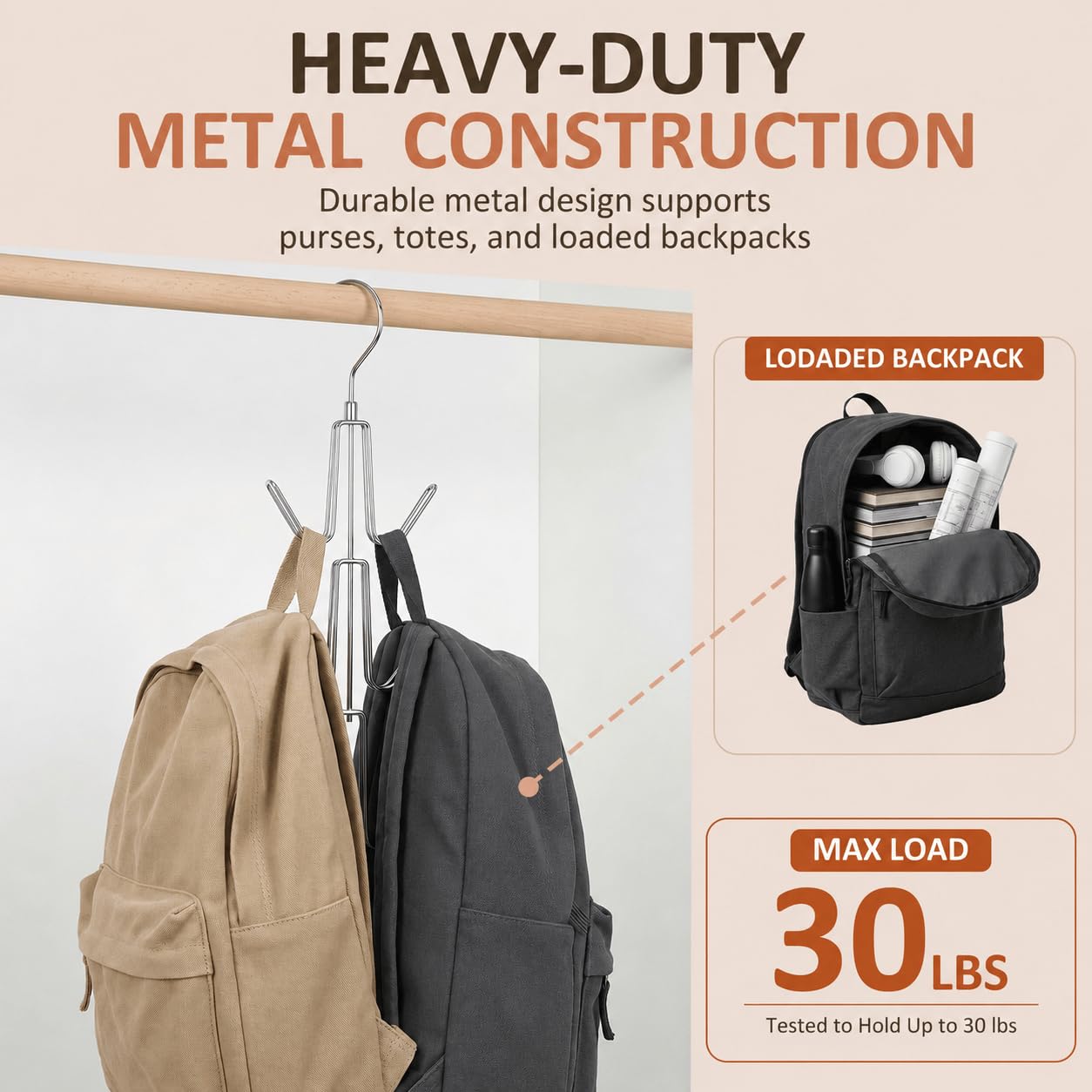 ZEDODIER 2 Pack Purse Organizer for Closet, Heavy-Duty Hanging Purse Hanger Closet Holds Up to 12 Purses, Metal Rotating Space Saving Bag Holder Handbag Storage Hook Backpack Rack, Silver