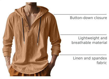Mens Cotton Linen Hoodies Long Sleeve Button Down Shirts Casual Hawaiian Beach Yoga Sweatshirts