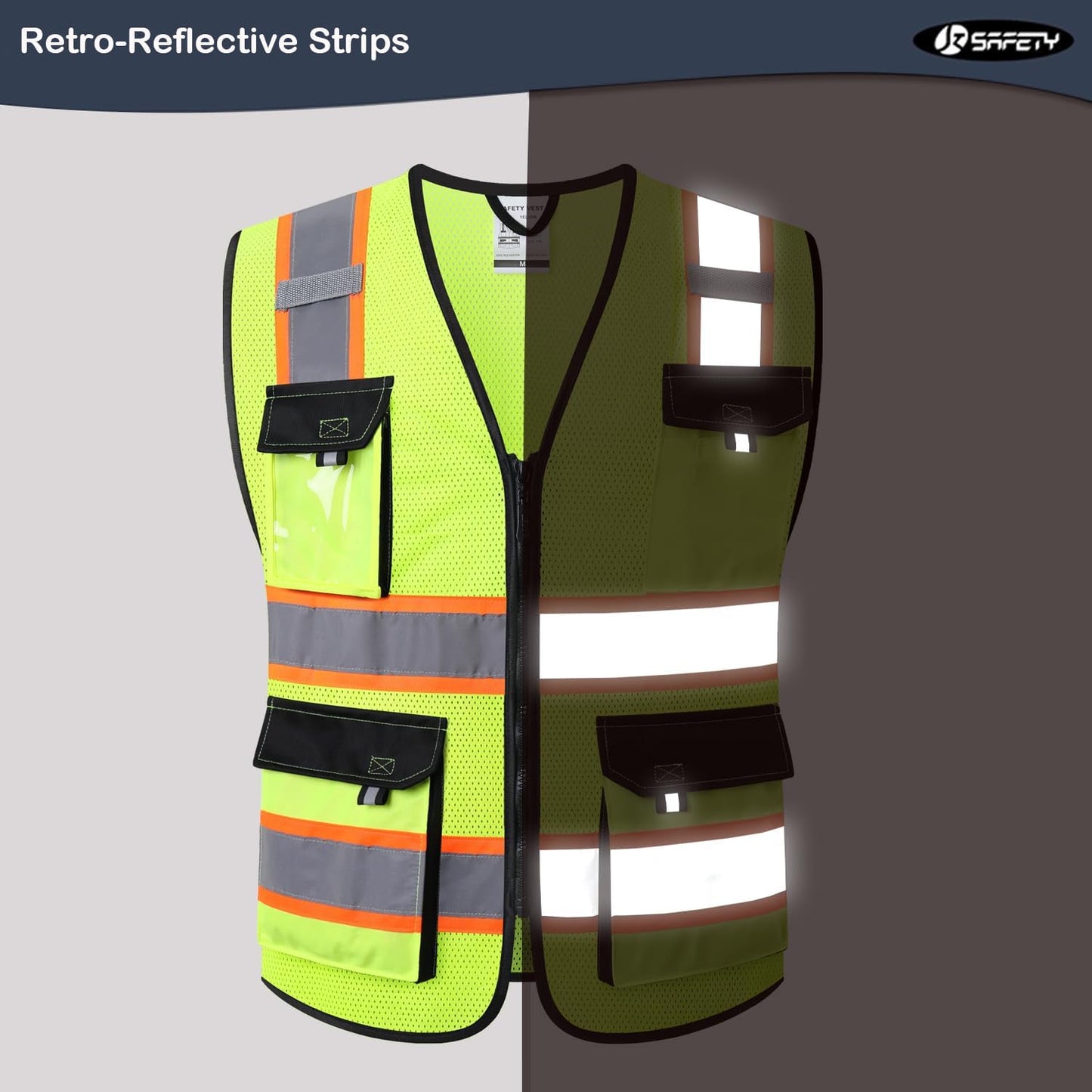 JKSafety Hi Vis Reflective Safety Vests for Men Women High Visibility Vest with Pockets Mesh Fabric Construction Safety Apparel Neon Vest for Work (220-Yellow L)