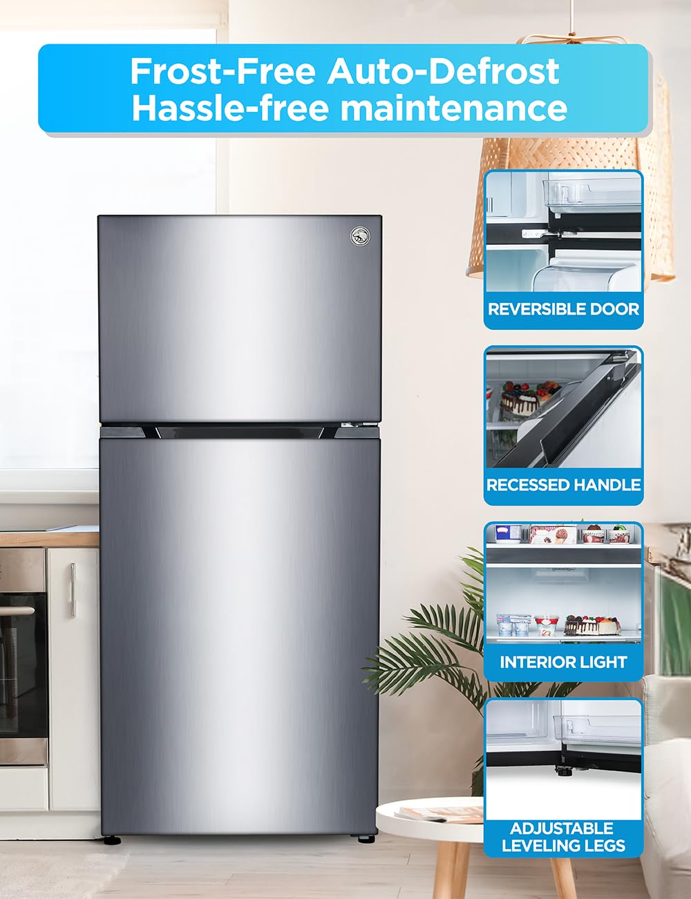 Commercial Cool 20 Cu. Ft. Top Mount Refrigerator with Freezer, 2-Door Refrigerator with Top Freezer and Adjustable Temperature Control, Ice Maker Ready, Energy Star Certified, Stainless Look