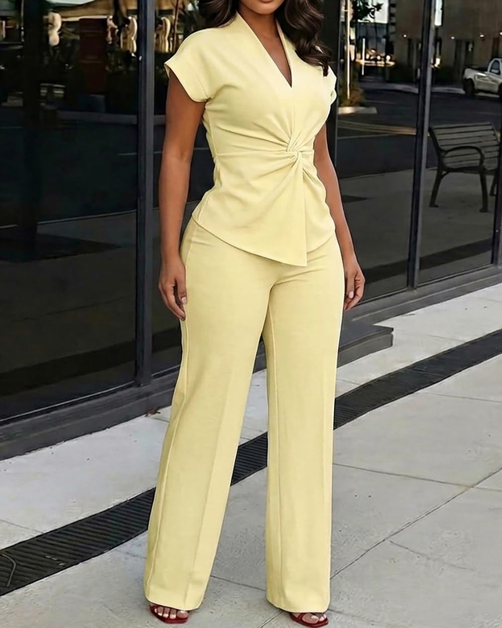 CHICME Women 2 Piece Outfits Twist Front Zipper Top and Elastic Waist Straight Leg Pants Set Casual Matching Set