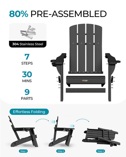 Folding Adirondack Chair, HDPE Adirondack Chairs with 2 Cup Holder, Plastic All-Weather Fire Pit Chairs, Outdoor Lawn Chair for Patio Garden (Grey)