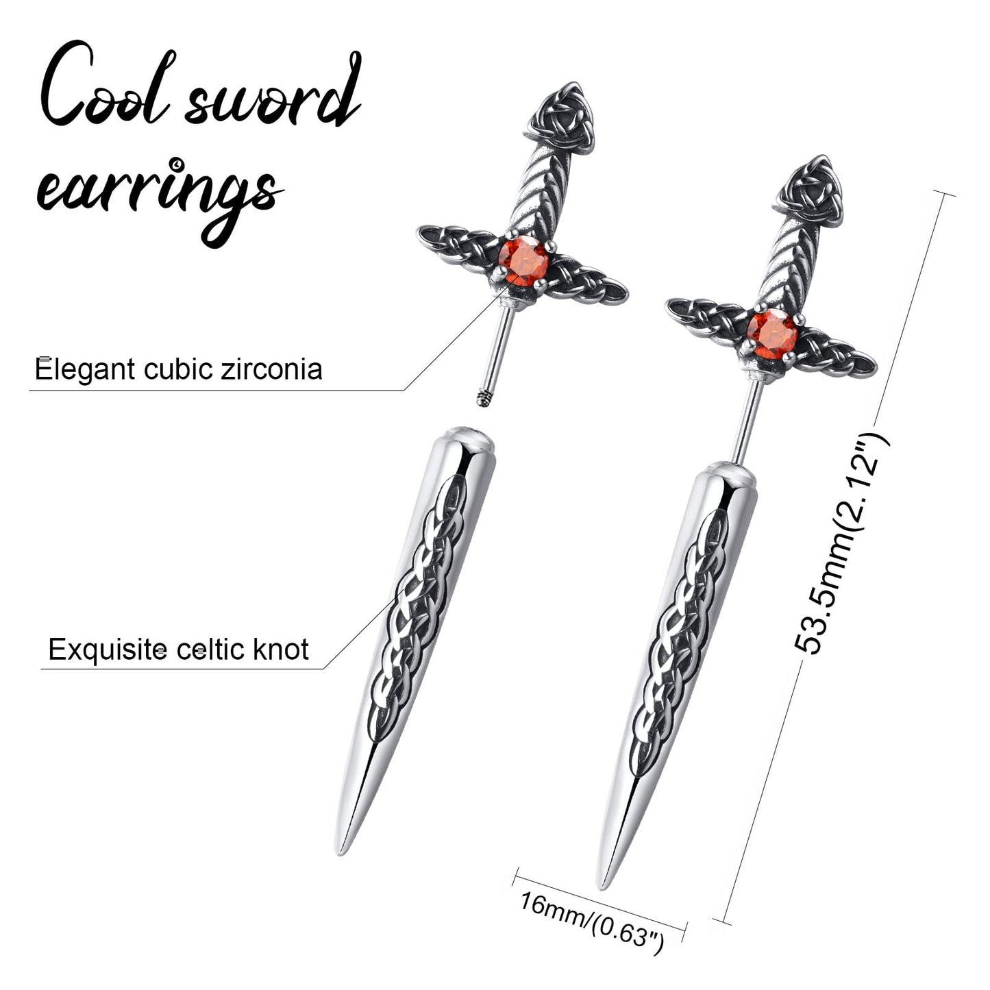 Hisatan Sword Earrings for Men Women, Stainless Steel Gothic Dagger Celtic Knot Irish Studs Earrings, Cool Punk Hip Pop Cubic Zirconia Dangle Goth Screw Spike Earring Jewelry