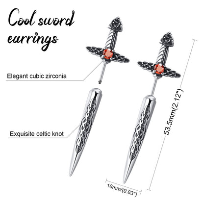 Hisatan Sword Earrings for Men Women, Stainless Steel Gothic Dagger Celtic Knot Irish Studs Earrings, Cool Punk Hip Pop Cubic Zirconia Dangle Goth Screw Spike Earring Jewelry