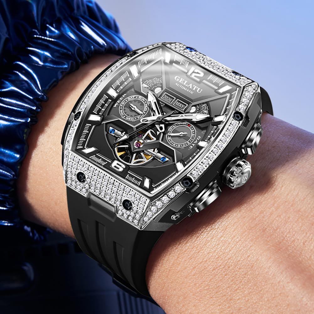 OLEVS Skeleton Men Watches Automatic Business Luxury Diamond Self Winding Watch for Men Stainless Steel Calendar Wrist Watch