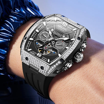 OLEVS Skeleton Men Watches Automatic Business Luxury Diamond Self Winding Watch for Men Stainless Steel Calendar Wrist Watch