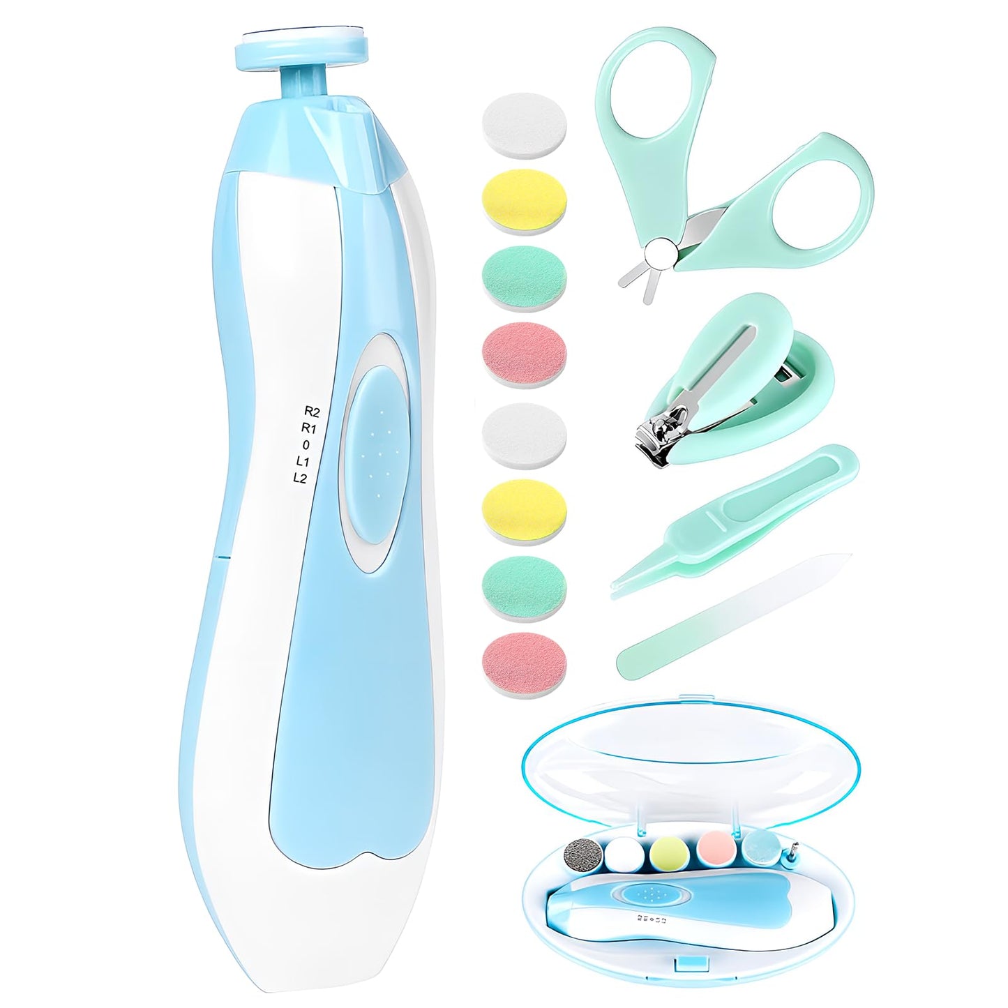 Electric Nail File Drill for Baby No Sharp Claws Hurt, 6 in 1 Safety Cutter Trimmer Clipper for Toes and Fingers (Blue)